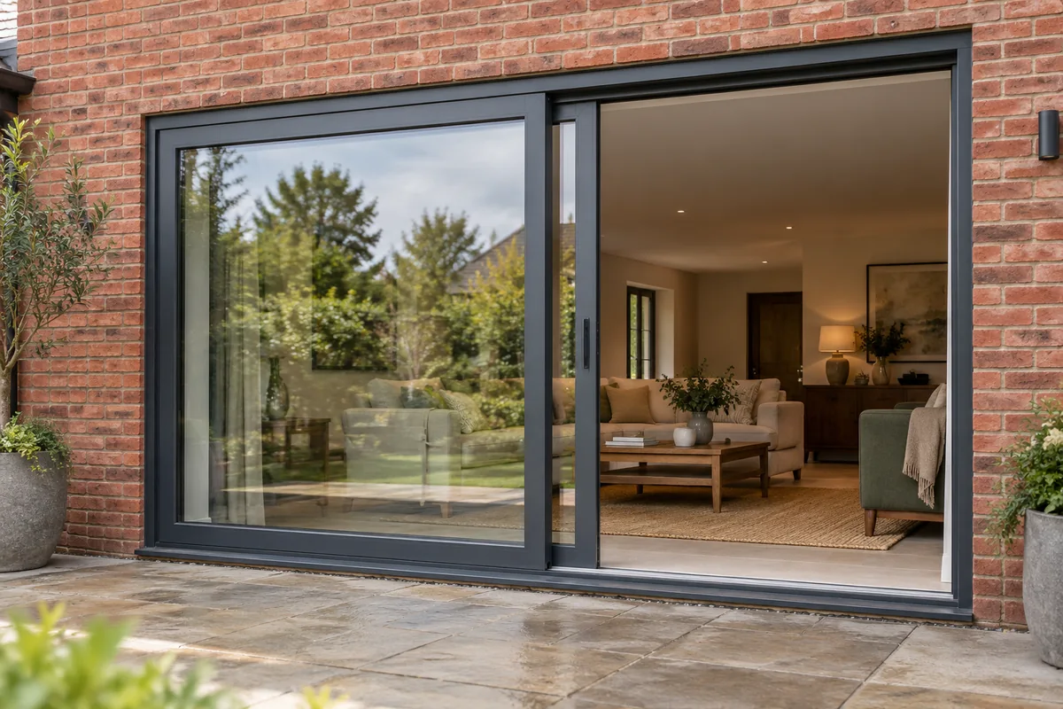 Anthracite grey sliding patio doors opening onto a stone terrace