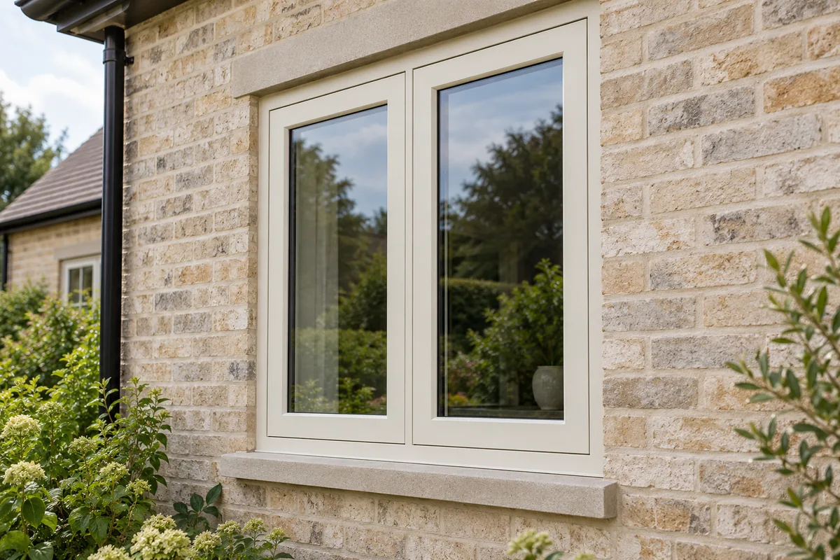 Cream-white flush casement windows in a pale brick wall