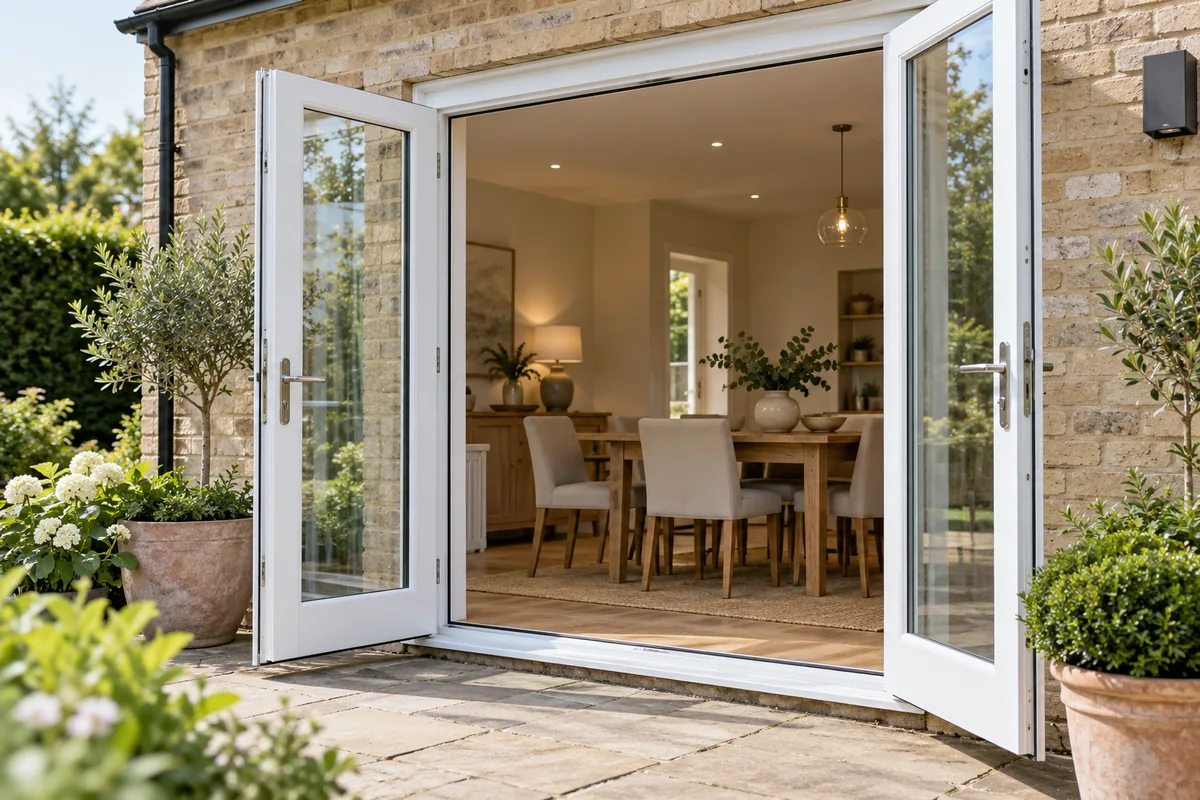White glazed French doors opening out onto a garden terrace