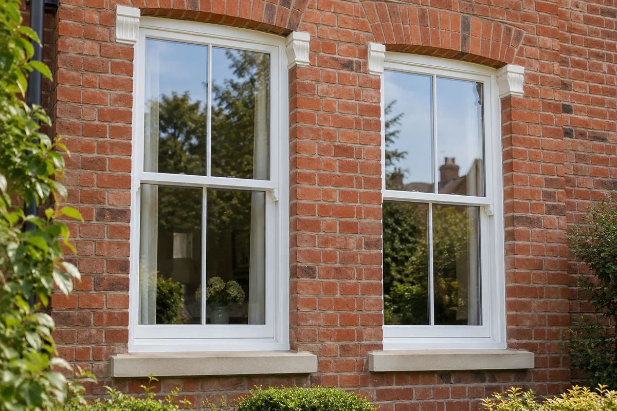 White sliding sash windows on a red brick house