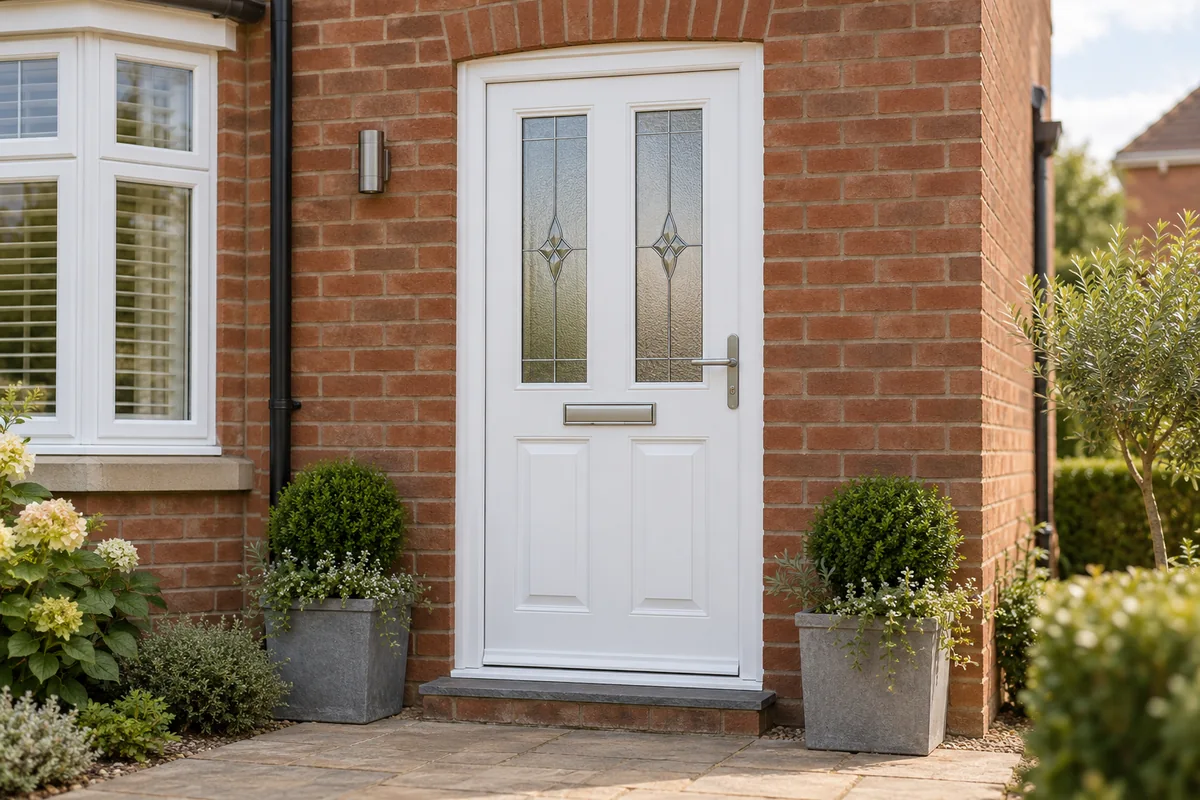 White uPVC front door with a glazed upper panel and silver door furniture